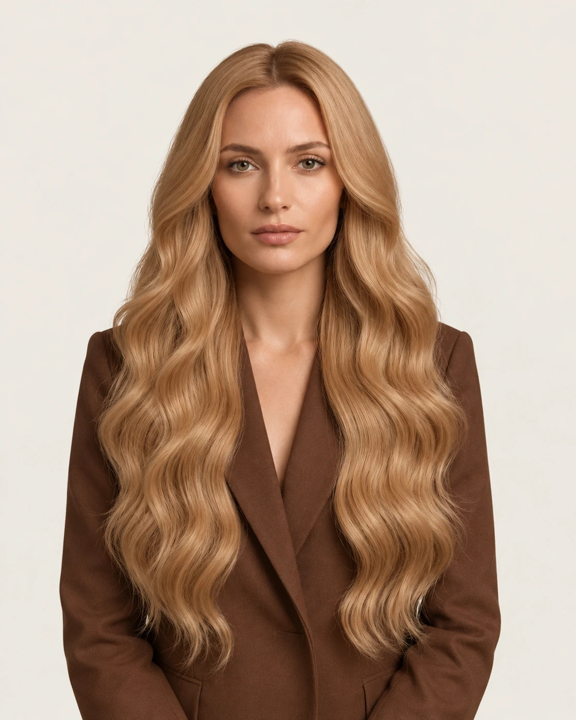 Dani Steel Warm Champagne Butterfly Weft hair extensions — front view — Natural Wave product