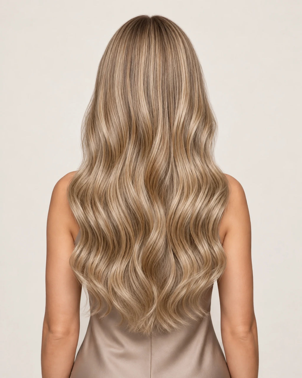 Dani Steel Sandy Balayage Ultra Thin Weft hair extensions — rear view — Straight product