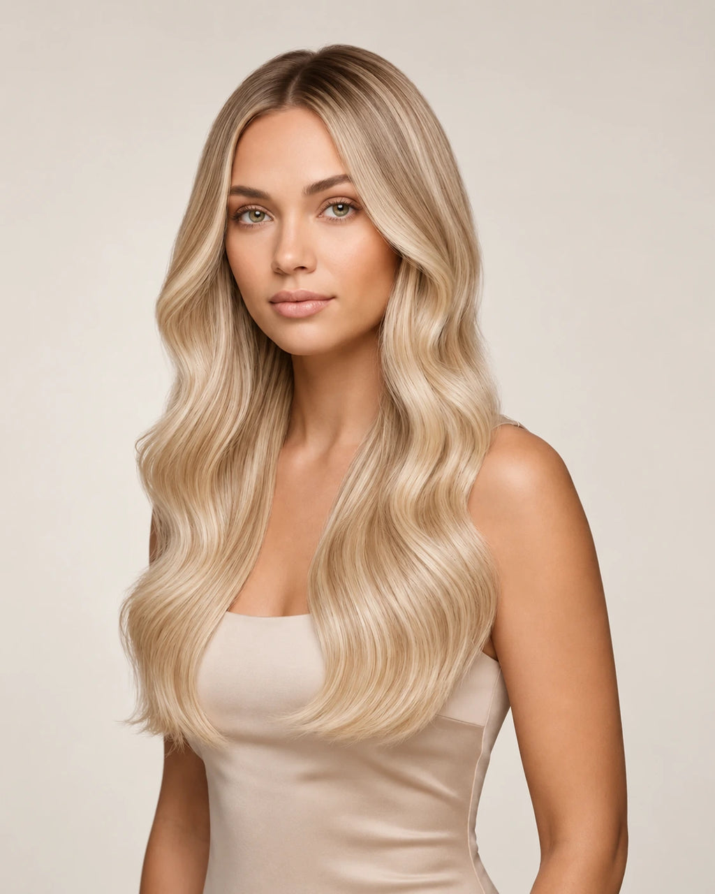 Dani Steel Ice Cream Balayage Ultra Thin Weft hair extensions — front view — Natural Wave product