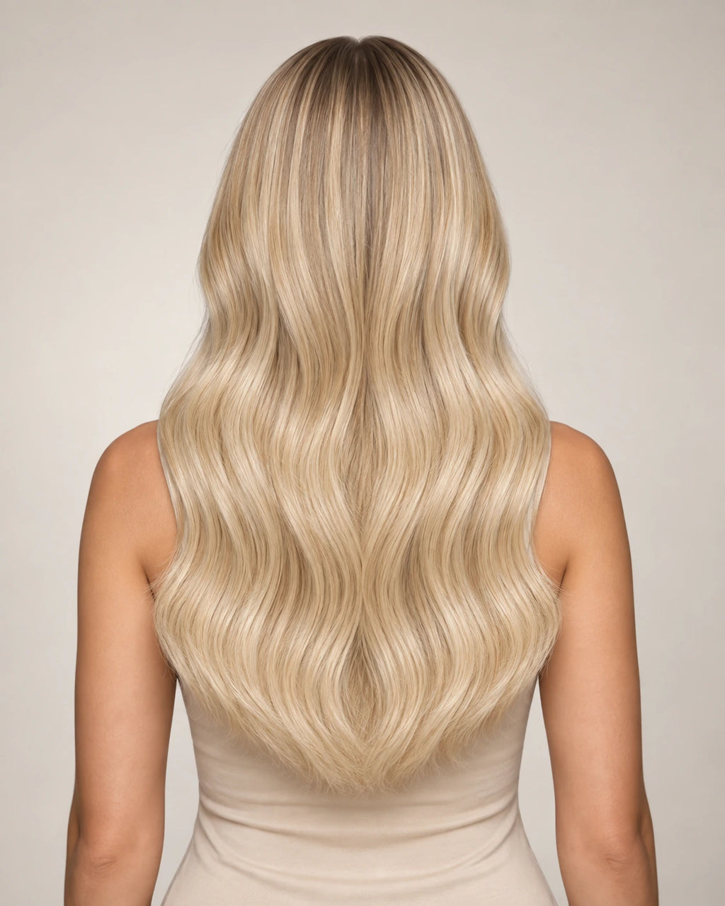Dani Steel Ice Cream Balayage Butterfly Weft hair extensions — rear view — Natural Wave product