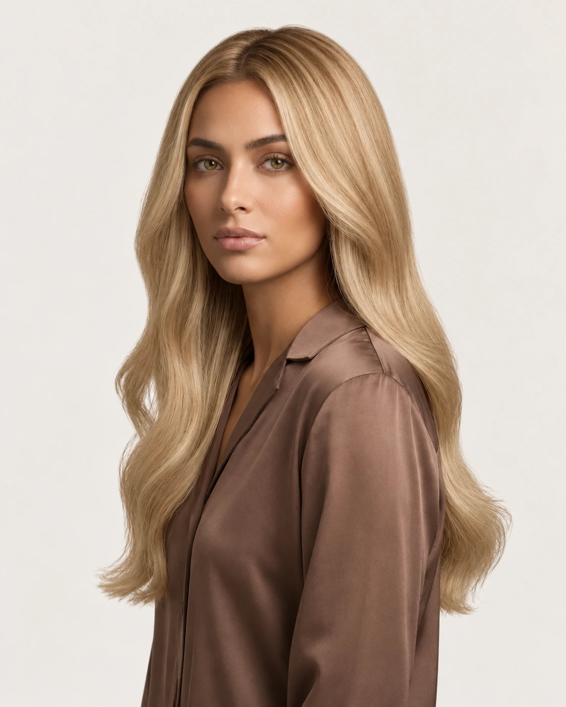 Dani Steel Crystal Gold Balayage Ultra Thin Weft hair extensions — front view — Natural Wave product