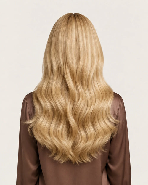 Dani Steel Crystal Gold Balayage Butterfly Weft hair extensions — rear view — Natural Wave product