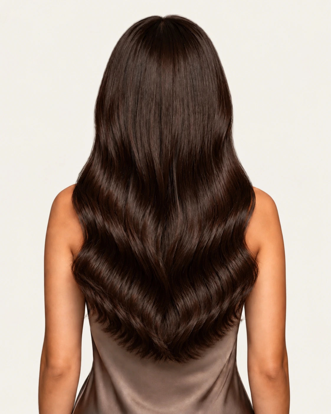 Dani Steel Dark Espresso Butterfly Weft hair extensions — rear view — Natural Wave product