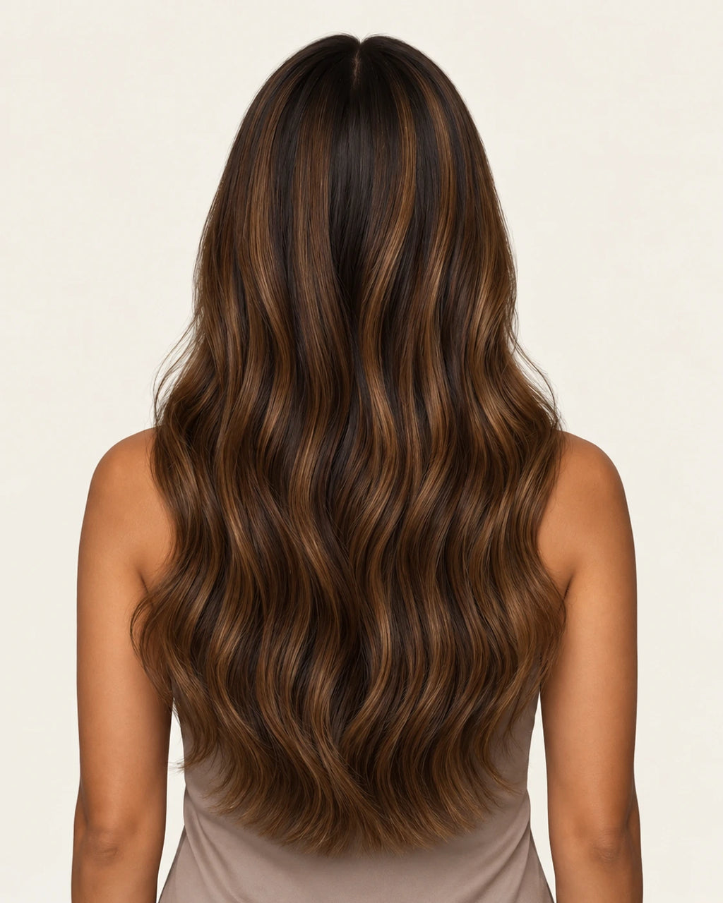 Dani Steel Espresso Almond Balayage Ultra Thin Weft hair extensions — rear view — Straight product