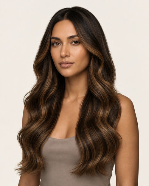 Dani Steel Espresso Almond Balayage Butterfly Weft hair extensions — front view — Natural Wave product