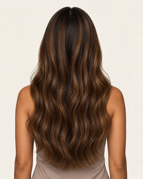 Dani Steel Espresso Almond Balayage Butterfly Weft hair extensions — rear view — Natural Wave product