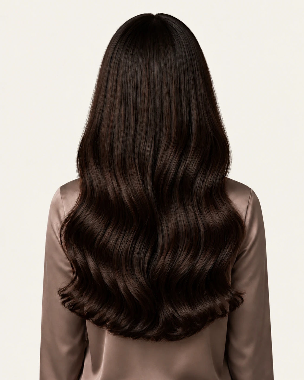 Dani Steel Soft Espresso Butterfly Weft hair extensions — rear view — Natural Wave product