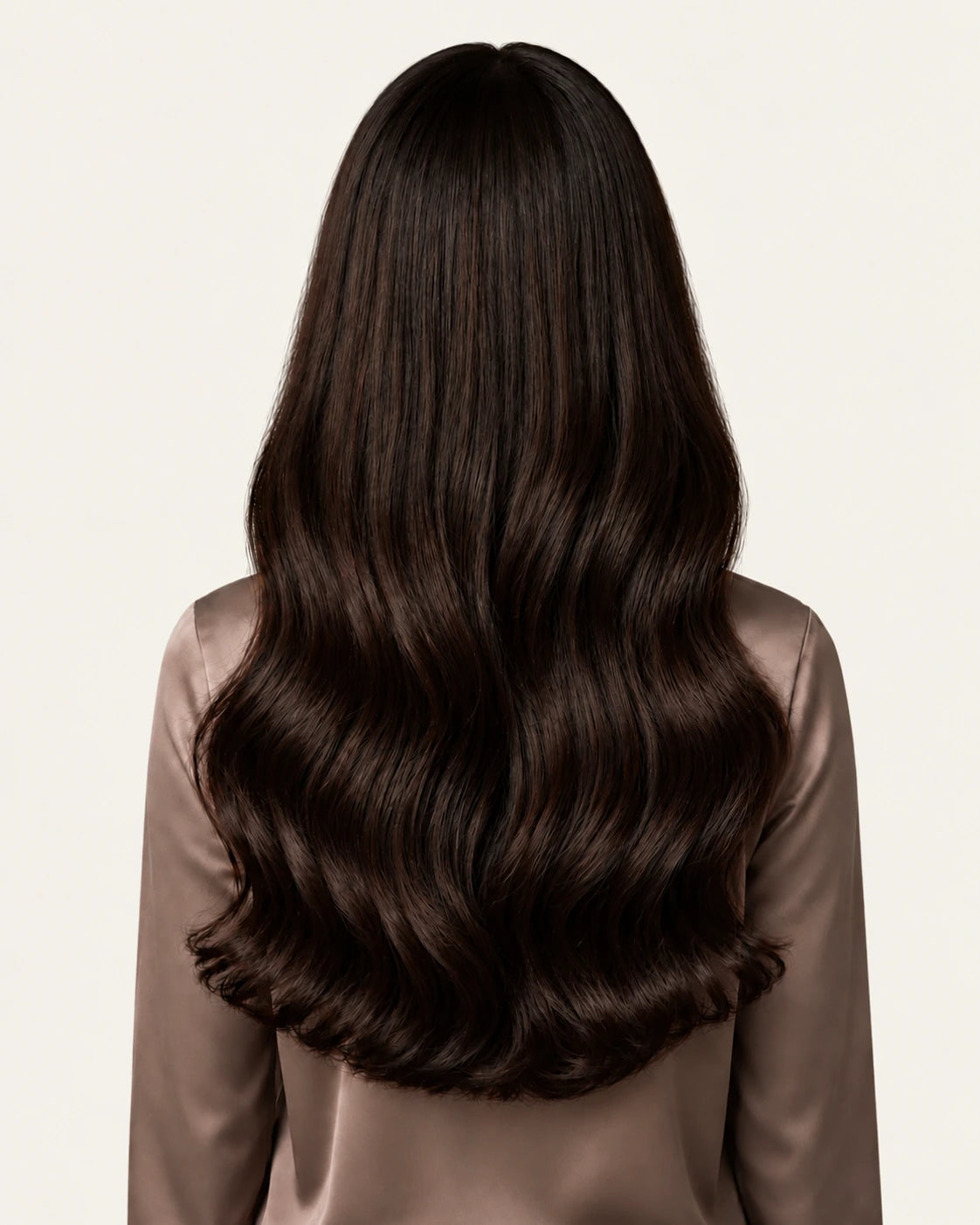 Dani Steel Soft Espresso Butterfly Weft hair extensions — rear view — Natural Wave product