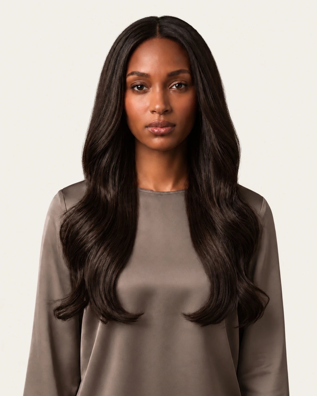 Dani Steel Soft Espresso Ultra Thin Weft hair extensions — front view — Natural Wave product