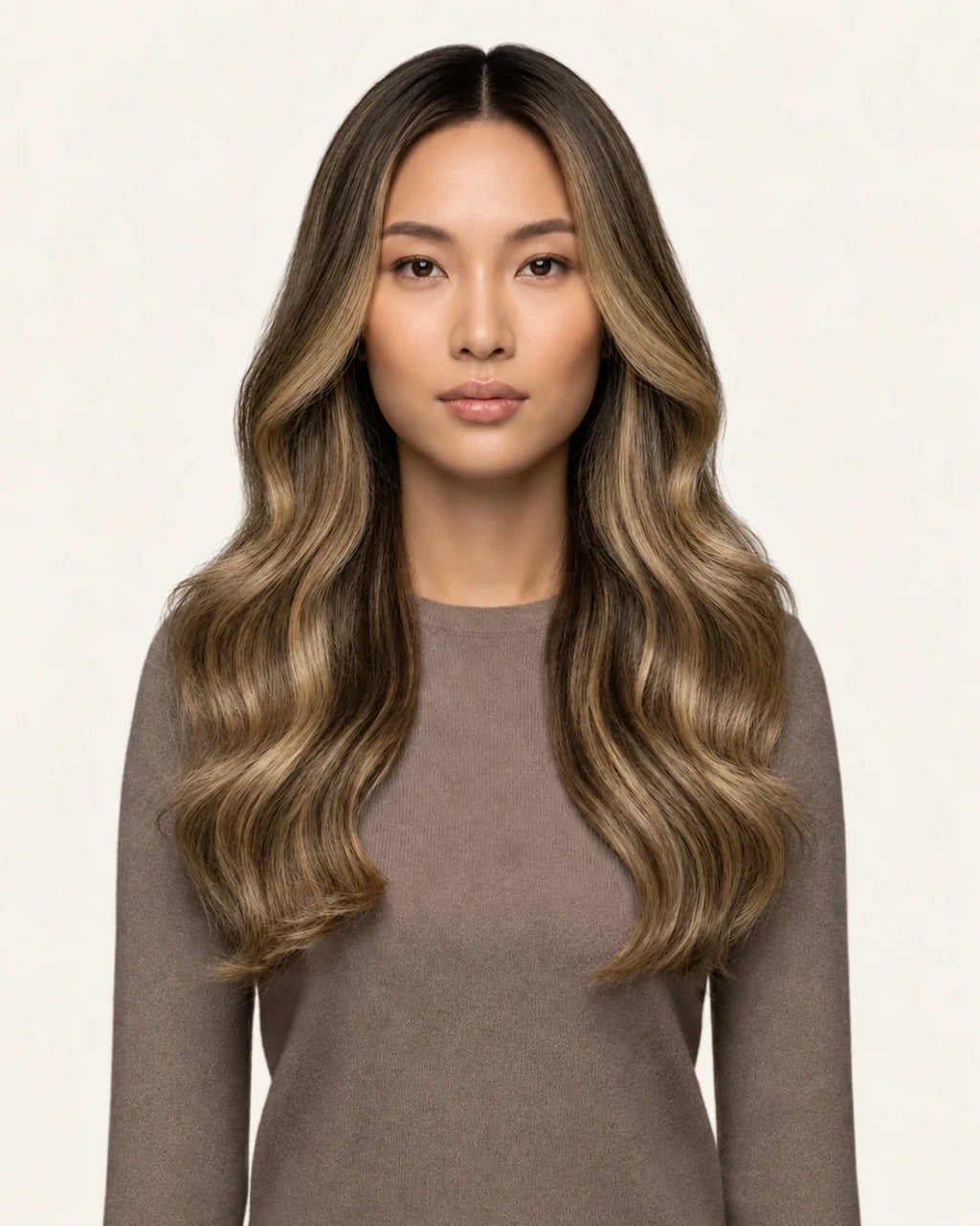 Dani Steel Mocha Sand Balayage Butterfly Weft hair extensions — front view — Natural Wave product