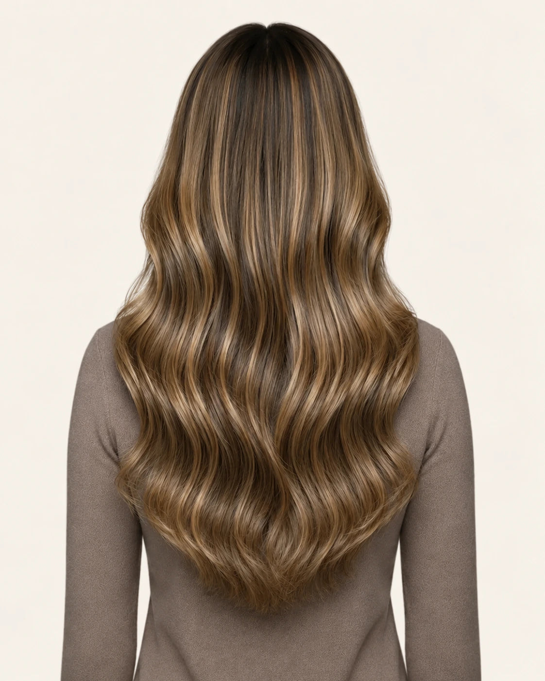 Dani Steel Mocha Sand Balayage Ultra Thin Weft hair extensions — rear view — Natural Wave product