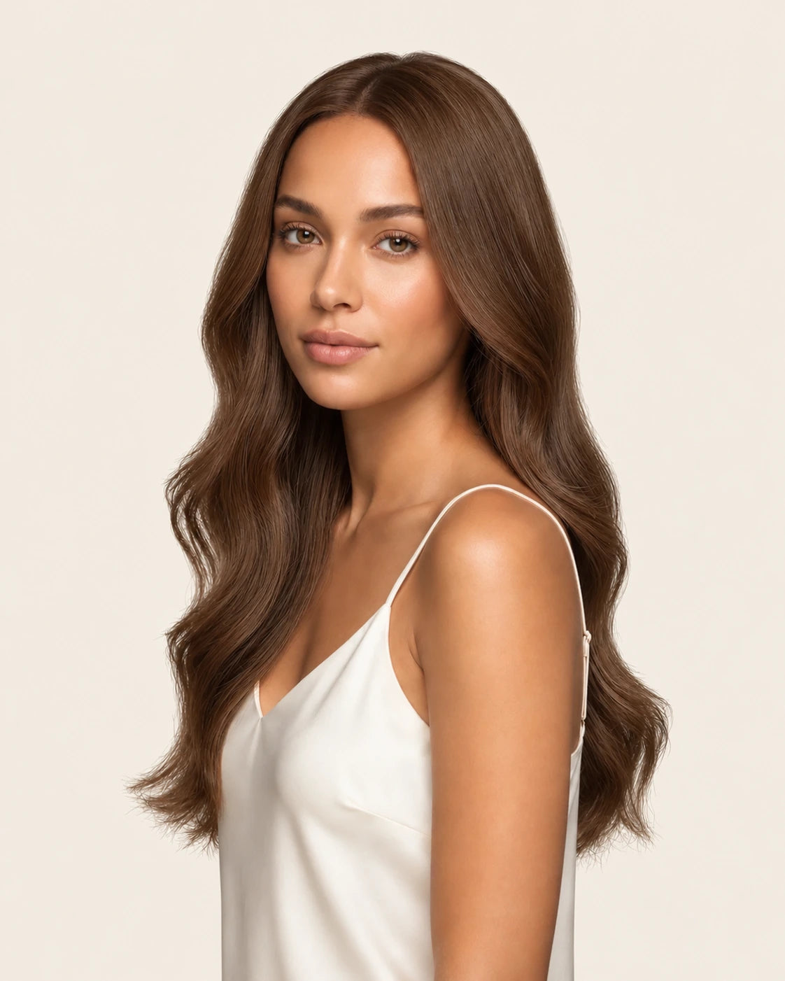 Dani Steel Mocha Ultra Thin Weft hair extensions — front view — Natural Wave product