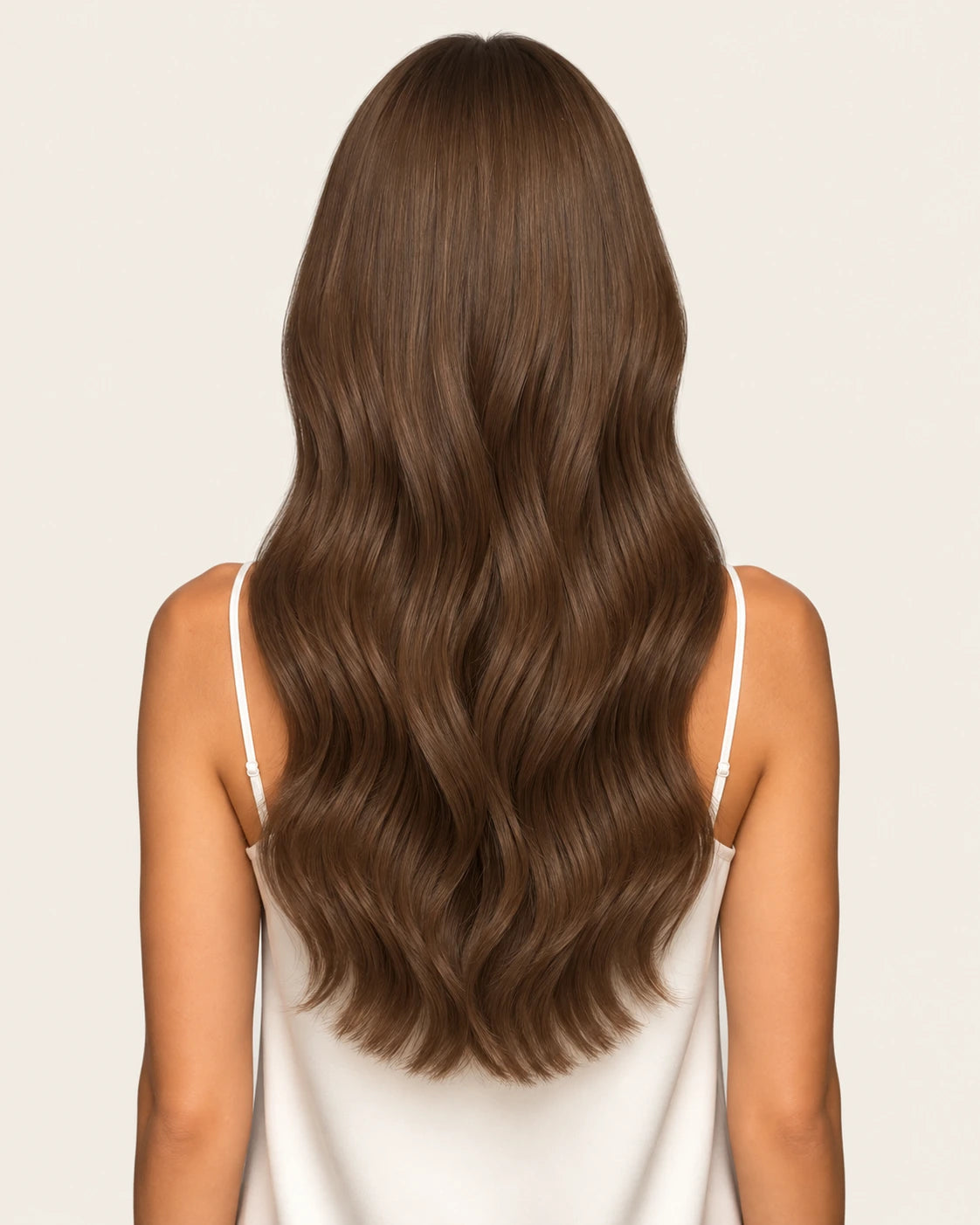 Dani Steel Mocha Ultra Thin Weft hair extensions — rear view — Natural Wave product