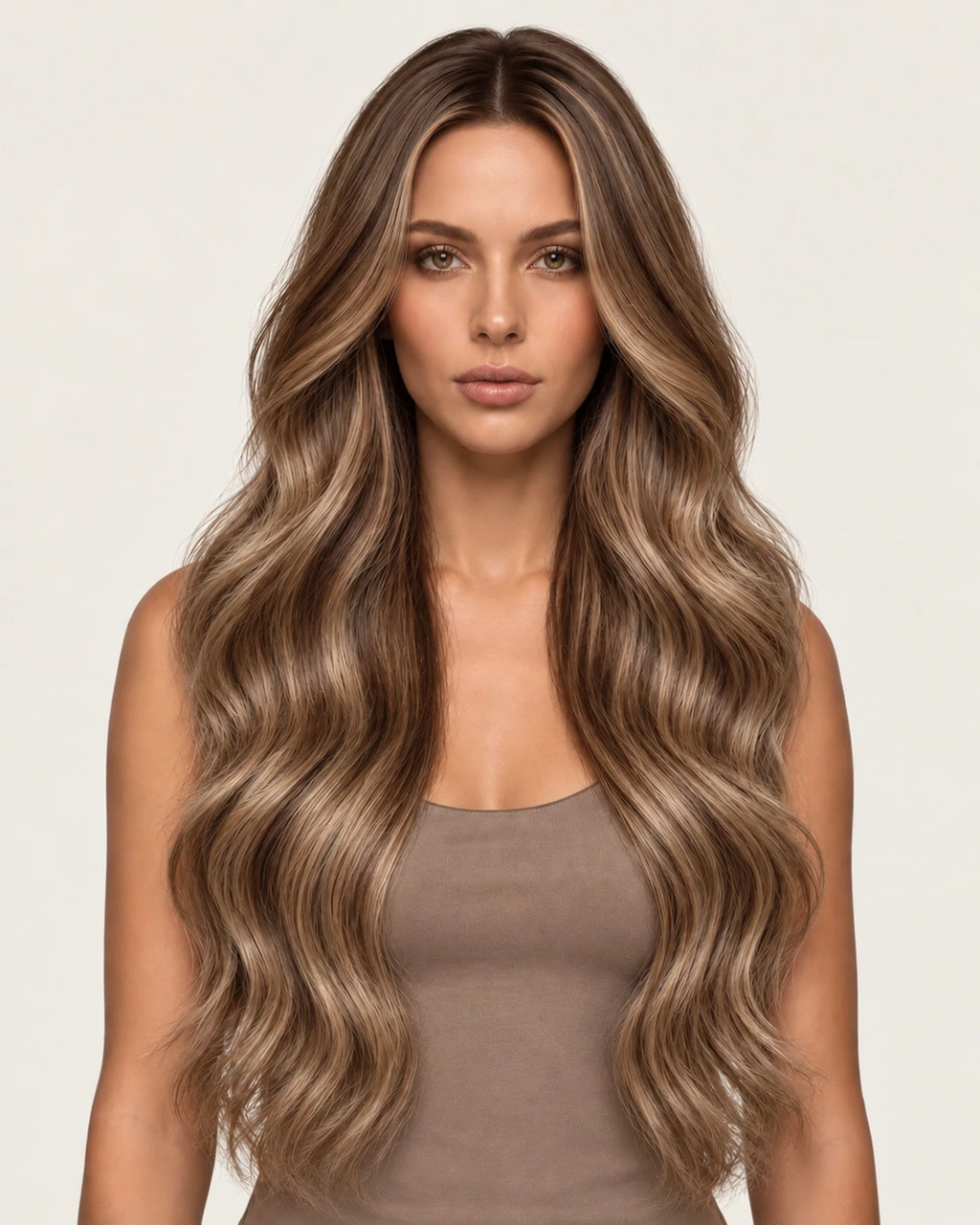 Dani Steel Chestnut Cream Balayage Butterfly Weft hair extensions — front view — Straight product