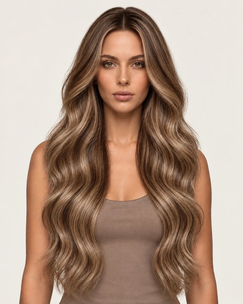 Dani Steel Chestnut Cream Balayage Butterfly Weft hair extensions — front view — Straight product