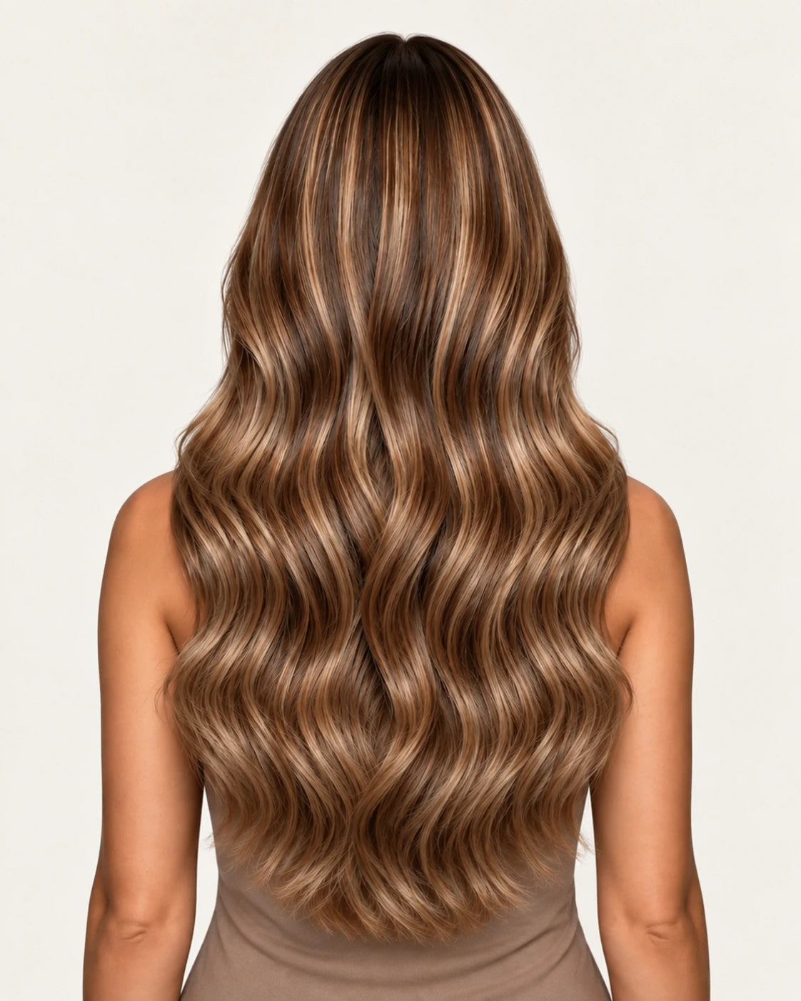 Dani Steel Chestnut Cream Balayage Butterfly Weft hair extensions — rear view — Straight product