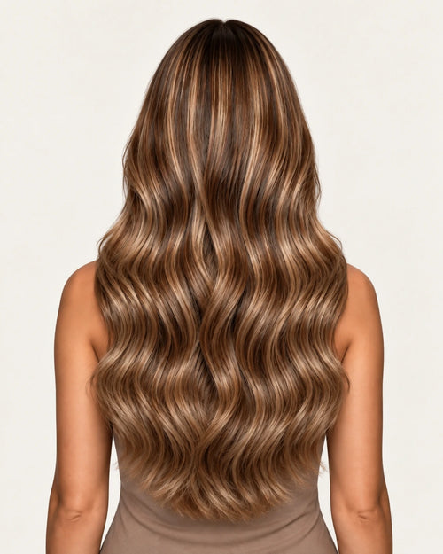 Dani Steel Chestnut Cream Balayage Butterfly Weft hair extensions — rear view — Straight product