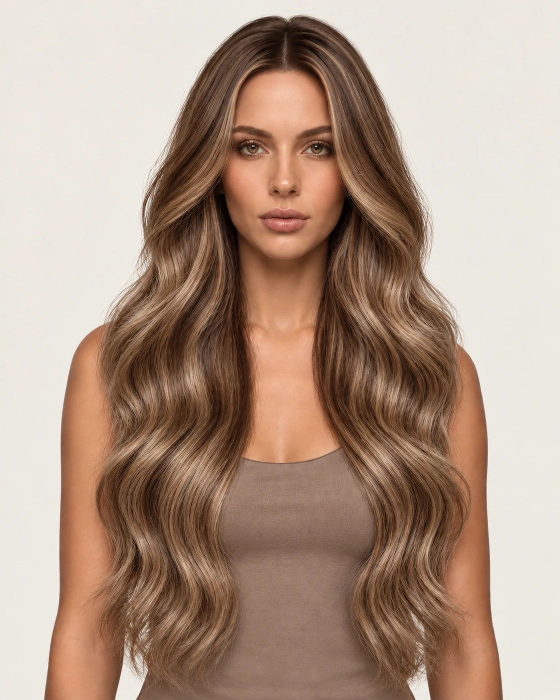 Dani Steel Chestnut Cream Balayage Butterfly Weft hair extensions — front view — Natural Wave product