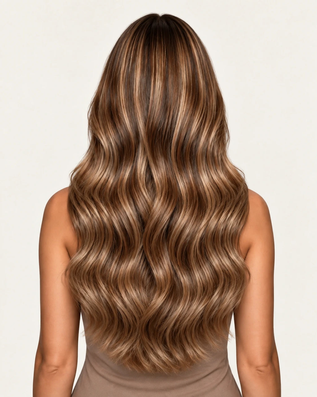 Dani Steel Chestnut Cream Balayage Butterfly Weft hair extensions — rear view — Natural Wave product