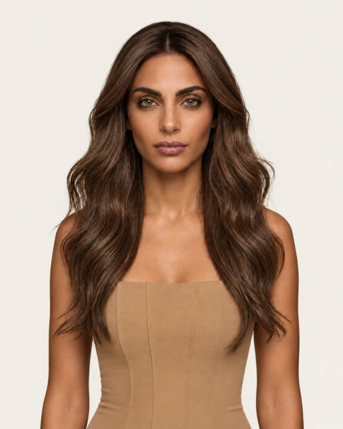Dani Steel Chestnut Butterfly Weft hair extensions — front view — Natural Wave product