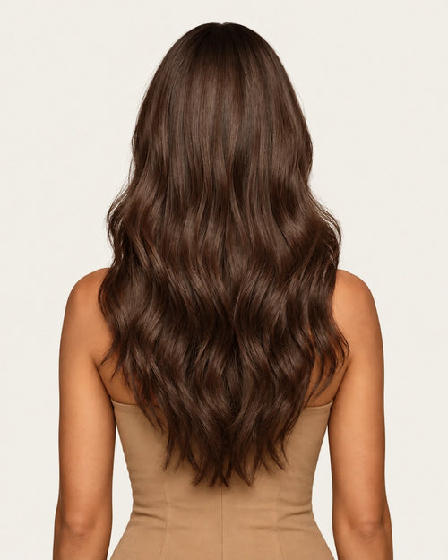 Dani Steel Chestnut Butterfly Weft hair extensions — rear view — Natural Wave product