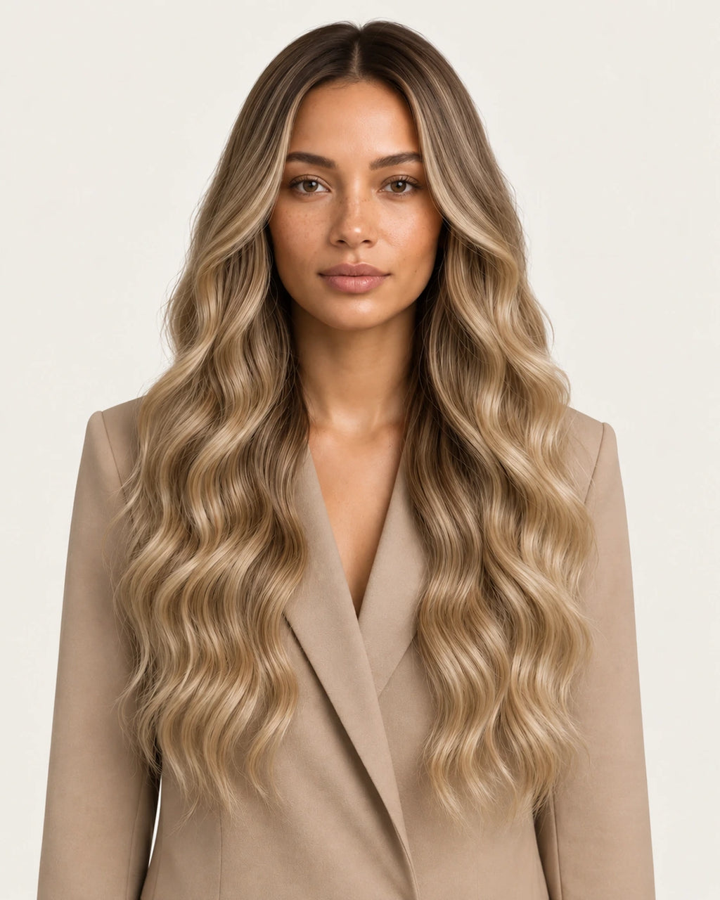 Dani Steel Honey Pearl Balayage Ultra Thin Weft hair extensions — front view — Natural Wave product