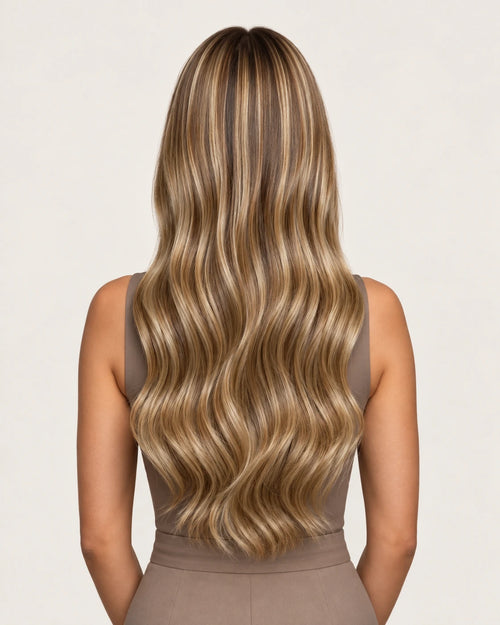 Dani Steel Almond Vanilla Balayage Butterfly Weft hair extensions — rear view — Natural Wave product
