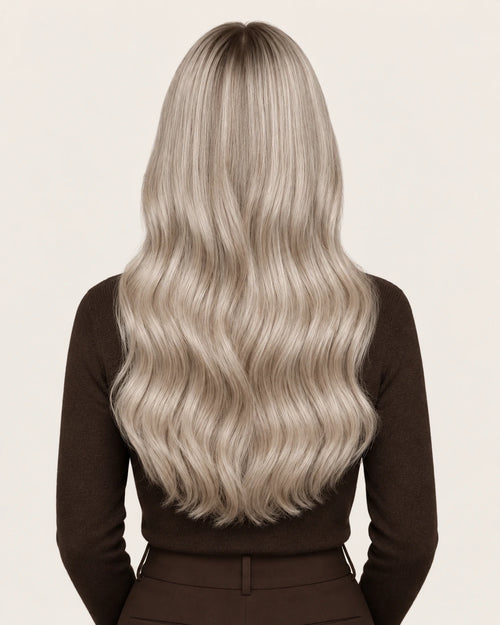 Dani Steel Cashmere Balayage Butterfly Weft hair extensions — rear view — Natural Wave product