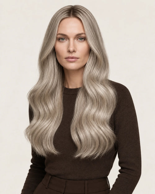 Dani Steel Cashmere Balayage Butterfly Weft hair extensions — front view — Natural Wave product
