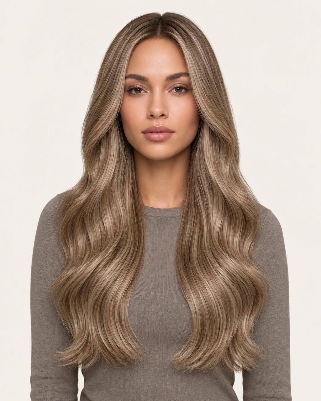 Dani Steel Platinum Brown Fusion Ultra Thin Weft hair extensions — front view — Natural Wave product