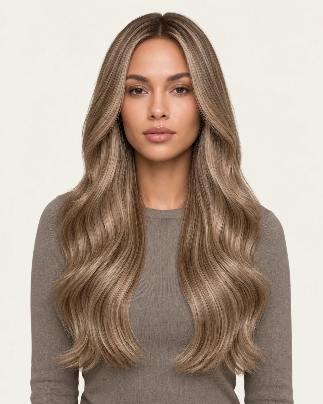 Dani Steel Platinum Brown Fusion Ultra Thin Weft hair extensions — front view — Natural Wave product