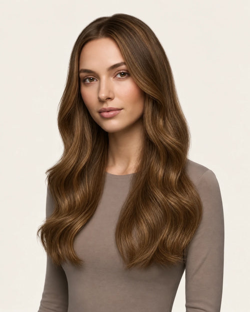 Dani Steel Caramel Fusion Butterfly Weft hair extensions — front view — Straight product