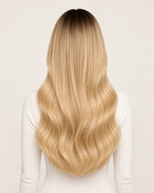 Dani Steel Buttercream Shadow Butterfly Weft hair extensions — rear view — Straight product