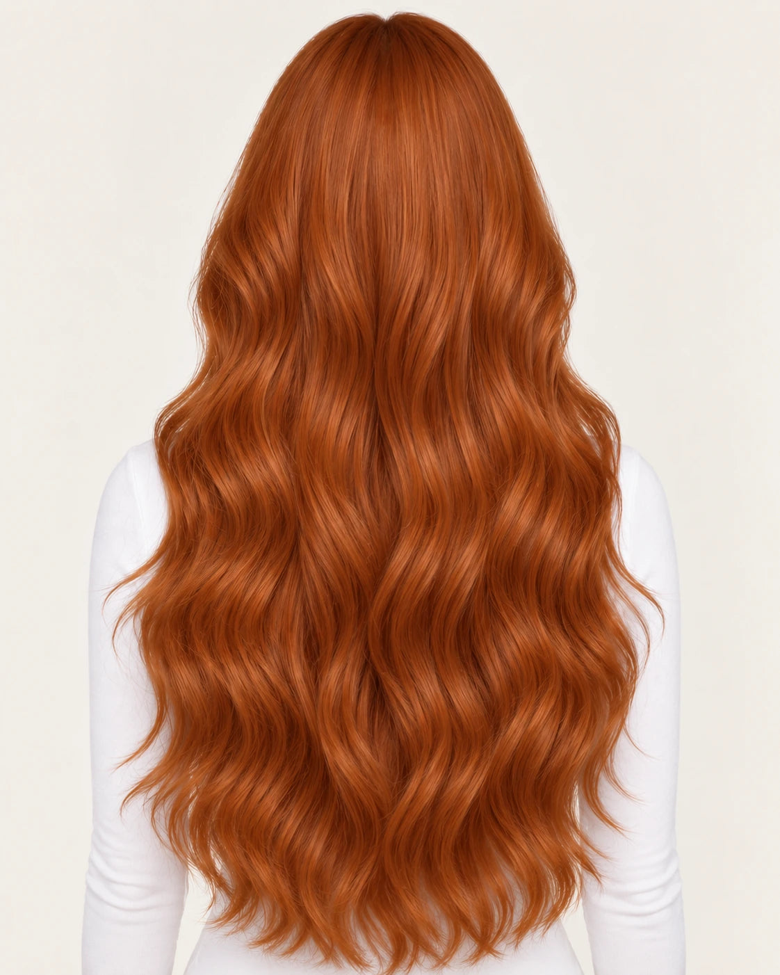 Dani Steel Sunset Orange Butterfly Weft hair extensions — rear view — Natural Wave product